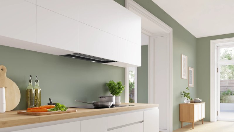 Bosch DBB87DP60, SER6, Вграден абсорбатор 80 см A+, EcoSilenceDrive, макс. 433(699) м3/ч, 57(68) dB, 3+1 скорости, CoP A, Ефективност на мазнините 85,3%(B), Сензорно управление на стъклото, HC, Регулиране на цветната температура, Матово черно