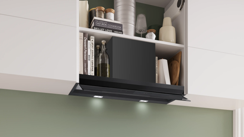 Bosch DBB87DP60, SER6, Вграден абсорбатор 80 см A+, EcoSilenceDrive, макс. 433(699) м3/ч, 57(68) dB, 3+1 скорости, CoP A, Ефективност на мазнините 85,3%(B), Сензорно управление на стъклото, HC, Регулиране на цветната температура, Матово черно