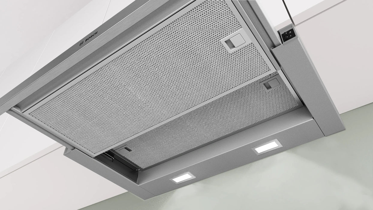 Bosch DFM064W55, SER2, Телескопичен абсорбатор 60 см C, EcoSilence Drive, макс. 394 м3/ч, 68 dB, 3 скорости, CoP D, Ефективност на мазнините 86,6%, предна лента от неръждаема стомана