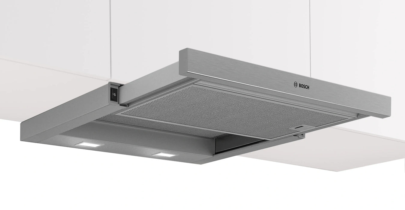 Bosch DFM064W55, SER2, Телескопичен абсорбатор 60 см C, EcoSilence Drive, макс. 394 м3/ч, 68 dB, 3 скорости, CoP D, Ефективност на мазнините 86,6%, предна лента от неръждаема стомана