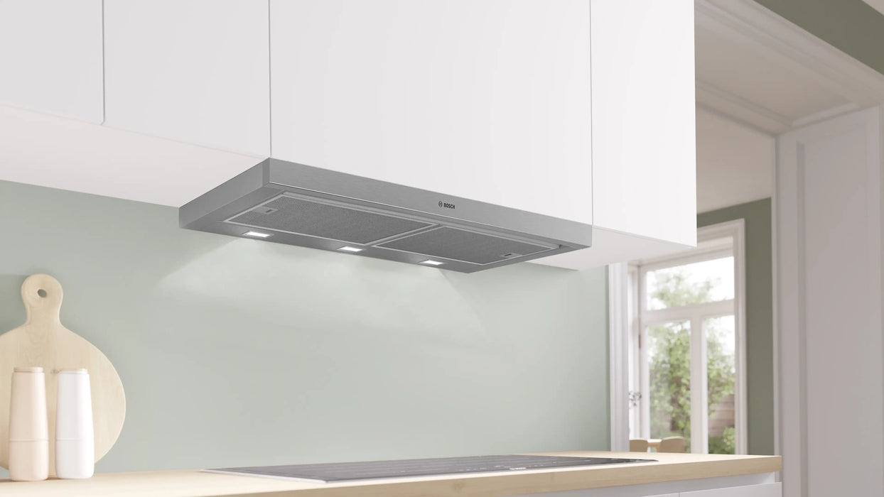 Bosch DFS097A51, Телескопичен аспиратор, Полувграден, 90 см, Енергиен клас А, 397 м3/ч, 53 dB, LED дисплей, Сребрист металик