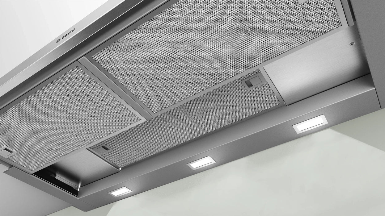 Bosch DFS097A51, Телескопичен аспиратор, Полувграден, 90 см, Енергиен клас А, 397 м3/ч, 53 dB, LED дисплей, Сребрист металик