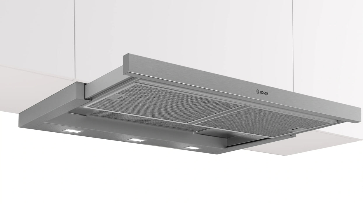 Bosch DFS097A51, Телескопичен аспиратор, Полувграден, 90 см, Енергиен клас А, 397 м3/ч, 53 dB, LED дисплей, Сребрист металик