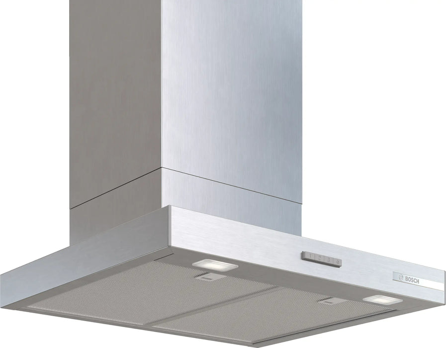 Bosch DWB63BC30, SER2, Абсорбатор за комин 60 см C, макс. 400 м3/ч, 67 dB, 3 скорости, Бутони, CoP E, Дизайн тип кутия, Ефективност на мазнините 85,4%, Неръждаема стомана