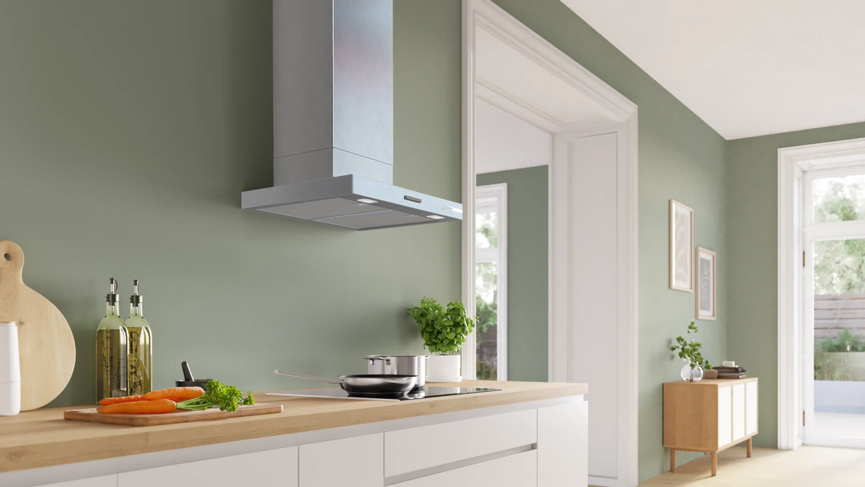 Bosch DWB63BC30, SER2, Абсорбатор за комин 60 см C, макс. 400 м3/ч, 67 dB, 3 скорости, Бутони, CoP E, Дизайн тип кутия, Ефективност на мазнините 85,4%, Неръждаема стомана