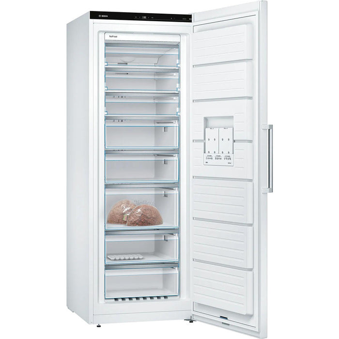Bosch GSN58AWEV SER6 FS вертикален фризер, NoFrost, D, 191/70/65cm, 366l, 39dB(C), IC, 5 чекмеджета (1 BigBox), 3 рафта, дръжка, бял