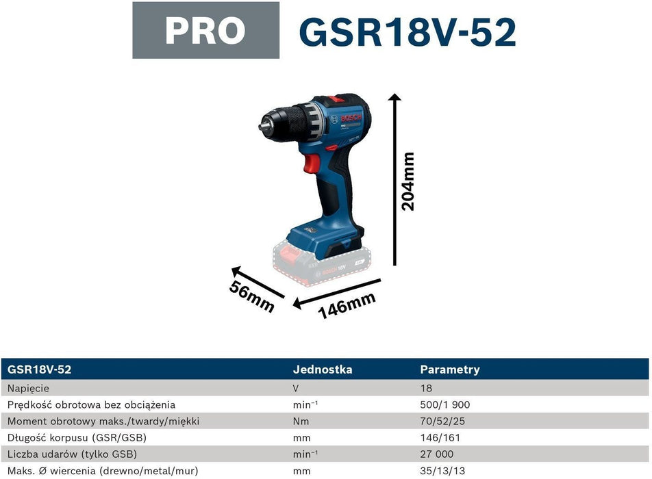 Акумулаторен винтоверт Bosch - Professional, GSR 18V-52, 18 V, 52 Nm, Solo