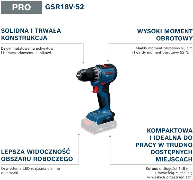 Акумулаторен винтоверт Bosch - Professional, GSR 18V-52, 18 V, 52 Nm, Solo