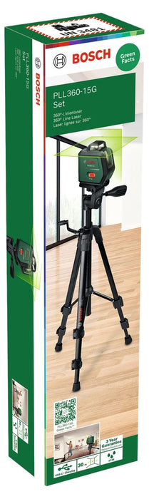Линеен лазерен нивелир Bosch - PLL360-15G, зелен, със статив TT 120