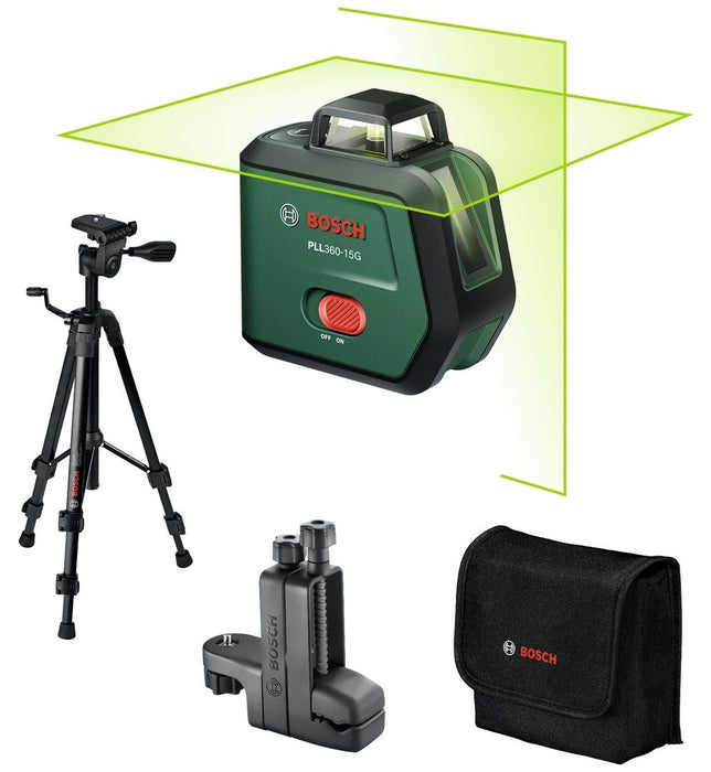 Линеен лазерен нивелир Bosch - PLL360-15G, 3.6 V, 2 Ah, със статив и стойка