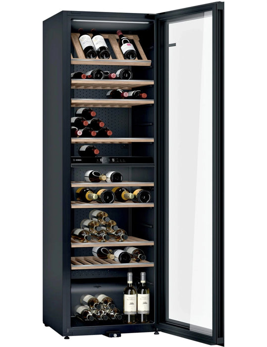 Bosch KWK36ABGA SER6 Витрина за вино със стъклена врата, G, 186 x 60 x 61 cm, Брой рафтове - 10, Капацитет за бутилки от 750 ml - 199, Температурен диапазон (°C) - 7-19°C, 38 dB(A), Брой температурни зони - 2