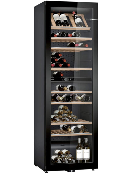 Bosch KWK36ABGA SER6 Витрина за вино със стъклена врата, G, 186 x 60 x 61 cm, Брой рафтове - 10, Капацитет за бутилки от 750 ml - 199, Температурен диапазон (°C) - 7-19°C, 38 dB(A), Брой температурни зони - 2