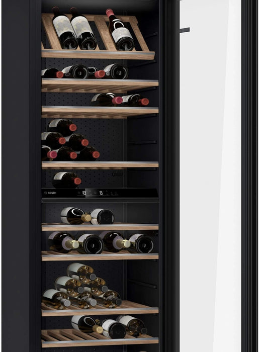 Bosch KWK36ABGA SER6 Витрина за вино със стъклена врата, G, 186 x 60 x 61 cm, Брой рафтове - 10, Капацитет за бутилки от 750 ml - 199, Температурен диапазон (°C) - 7-19°C, 38 dB(A), Брой температурни зони - 2