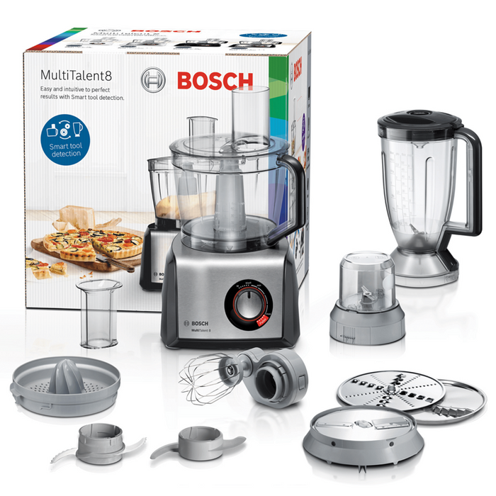 BOSCH MC812M844, Кухненски робот, MultiTalent 8, 1250 W, блендер с добавяне на тритан, Преса за цитрусови плодове, Инструмент за тесто, Разбиване, Черно - Матирана неръждаема стомана