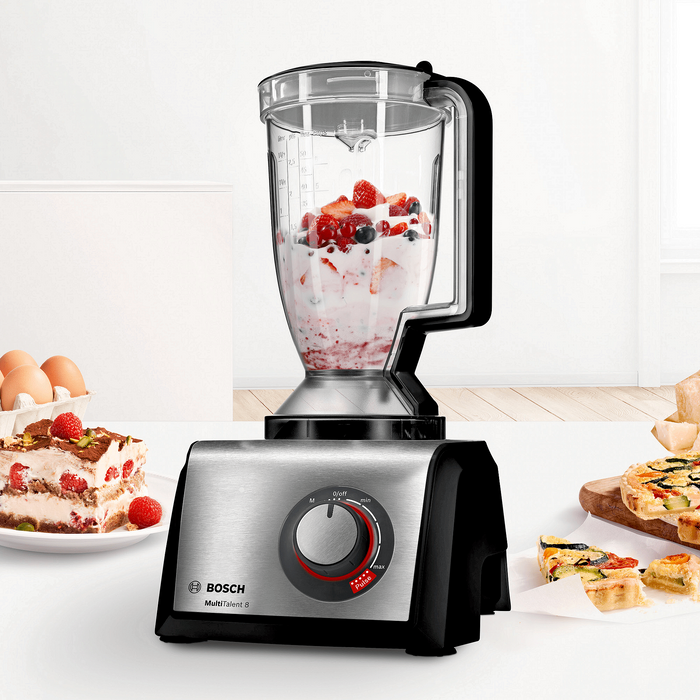 BOSCH MC812M844, Кухненски робот, MultiTalent 8, 1250 W, блендер с добавяне на тритан, Преса за цитрусови плодове, Инструмент за тесто, Разбиване, Черно - Матирана неръждаема стомана