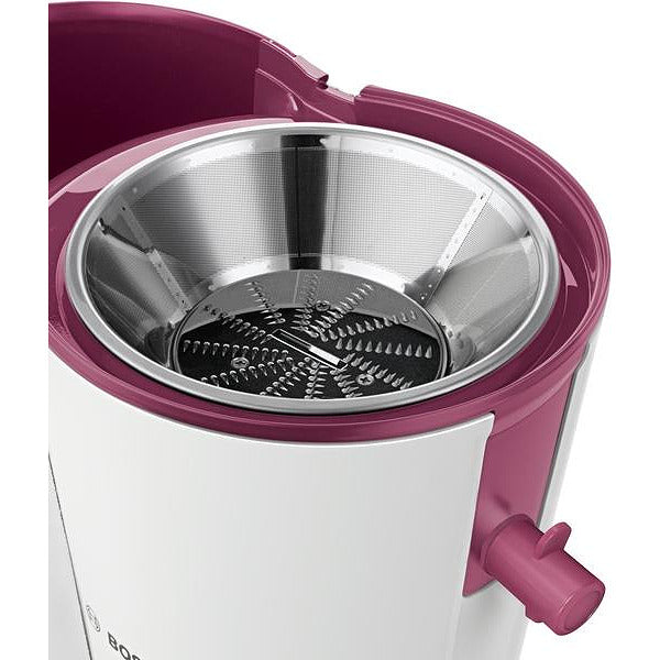 Bosch MES25C0, Центробежна сокоизстисквачка 700 W, 2 скорости, 2 lt контейнер за пулп, 1,25 ltr контейнер за сок и сепаратор за пяна, XL захранваща тръба (73 mm), керамичен нож, s/s сито, пластмасов корпус, ляти алуминиеви скоби, изход за сок със спирачка