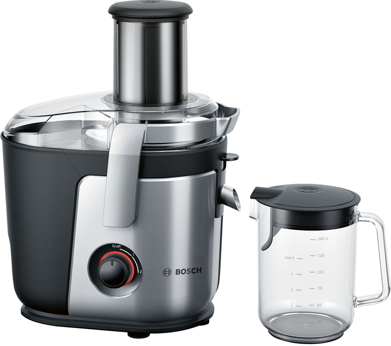 Bosch MES4000, Центробежна сокоизстисквачка 1000 W, 2 скорости, 3 l контейнер за целулоза, 1,5 ltr контейнер за сок и сепаратор за пяна, XXL захранваща тръба (84 mm), керамичен нож, сито от електрополирана неръждаема стомана, лят под налягане алуминиев ко