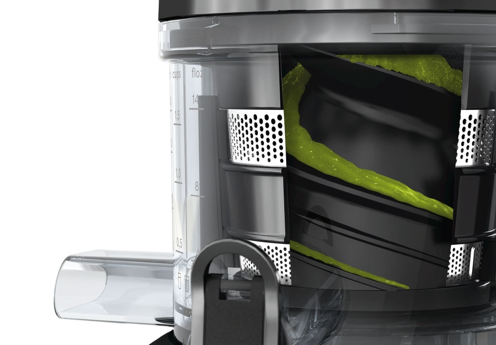 Bosch MESM500W, Бавна сокоизстисквачка VitaExtract 150 W, 55 об./мин., 1 скорост + функция реверс, тритан винт, лост MixControl, контейнер за сок 1 л, контейнер за пулп 1,3 л, 2 филтъра (фин, груб), бял / черен
