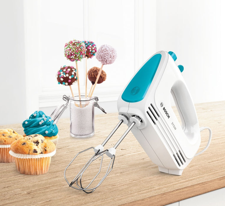 Bosch MFQ2210D, Ръчен миксер, CleverMixx, 375 W, 4 скорости, допълнителна импулсна/турбо настройка, бял/син