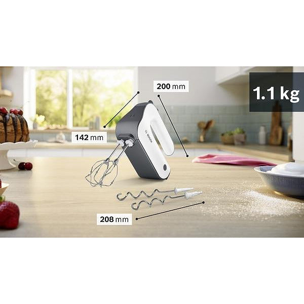 Bosch MFQ49300, Hand mixer, 850 W, 5 speeds plus turbo function, Stainless steel dough hooks, FineCreamer, Stretch cable, white/dark silver