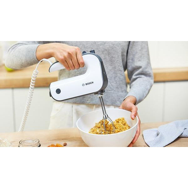 Bosch MFQ49300, Hand mixer, 850 W, 5 speeds plus turbo function, Stainless steel dough hooks, FineCreamer, Stretch cable, white/dark silver