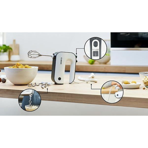 Bosch MFQ49300, Hand mixer, 850 W, 5 speeds plus turbo function, Stainless steel dough hooks, FineCreamer, Stretch cable, white/dark silver