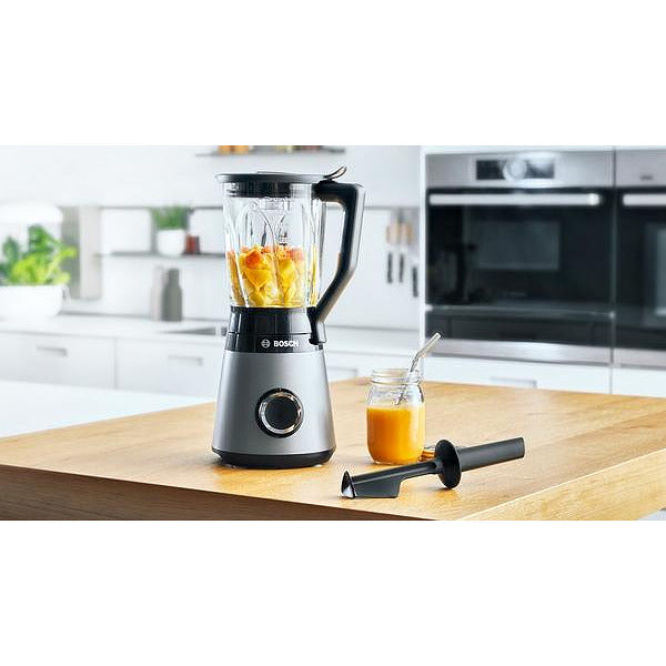 Bosch MMB6172S Series 4, блендер VitaPower, 1200 W, стъклена кана ThermoSafe 1,5 l, две настройки на скоростта и импулсна функция, остриета от неръждаема стомана ProEdge, произведени в Солинген, сребро