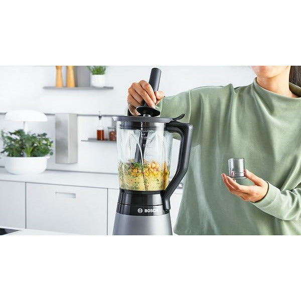 Bosch MMB6172S Series 4, блендер VitaPower, 1200 W, стъклена кана ThermoSafe 1,5 l, две настройки на скоростта и импулсна функция, остриета от неръждаема стомана ProEdge, произведени в Солинген, сребро