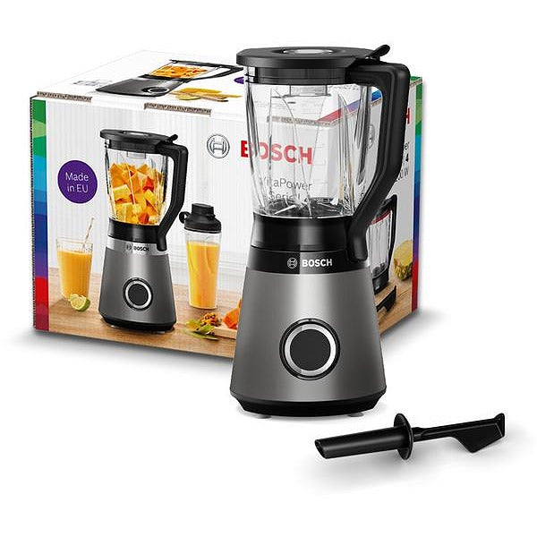 Bosch MMB6172S Series 4, блендер VitaPower, 1200 W, стъклена кана ThermoSafe 1,5 l, две настройки на скоростта и импулсна функция, остриета от неръждаема стомана ProEdge, произведени в Солинген, сребро