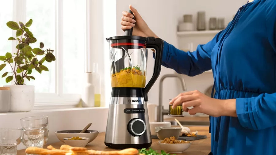 Bosch MMB6384M Series 4, VitaPower Blender, 1200 W, Glass ThermoSafe jug 1.5 l, Tritan ToGo bottle 0.6 l, Speed adjustment and pulse function, ProEdge stainless steel blades made in Solingen, Stainless steel