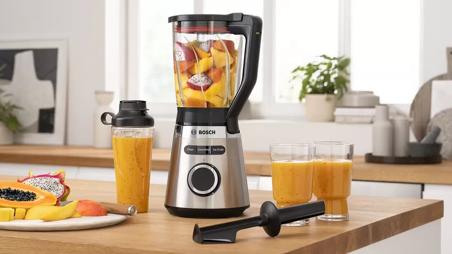 Bosch MMB6384M Series 4, VitaPower Blender, 1200 W, Glass ThermoSafe jug 1.5 l, Tritan ToGo bottle 0.6 l, Speed adjustment and pulse function, ProEdge stainless steel blades made in Solingen, Stainless steel