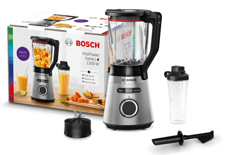Bosch MMB6384M Series 4, VitaPower Blender, 1200 W, Glass ThermoSafe jug 1.5 l, Tritan ToGo bottle 0.6 l, Speed adjustment and pulse function, ProEdge stainless steel blades made in Solingen, Stainless steel