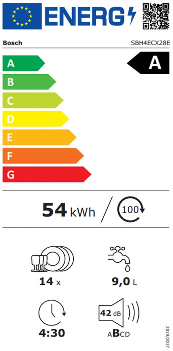 Bosch SBH4ECX28E, SER4, Съдомиялна напълно вградена, A, EfficientDry, 865mm височина, 9,0l, 14ps, 6p/5o, 42dB(B), Silence 41dB, 3-то чекмедже, VarioHinge+, sideLight, HC, Status Light
