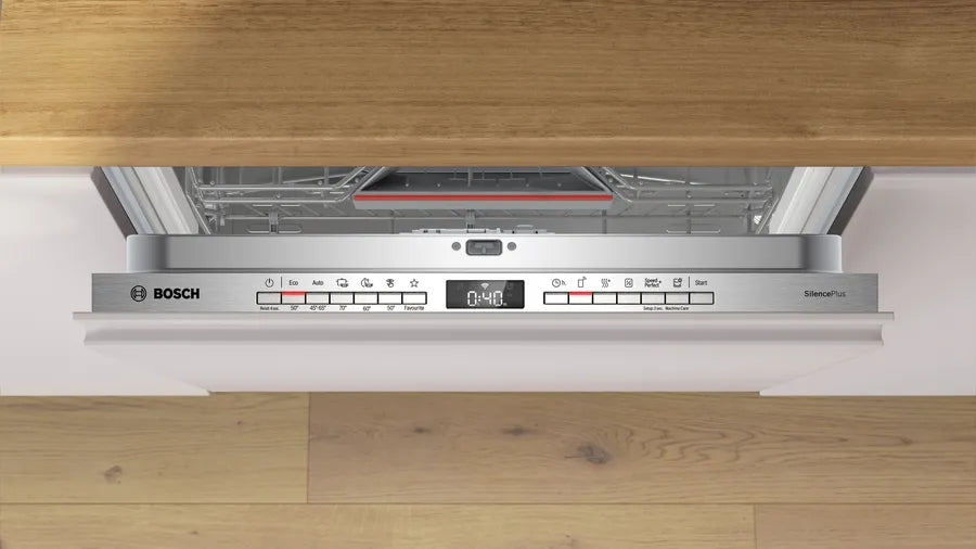Bosch SBH4ECX28E, SER4, Съдомиялна напълно вградена, A, EfficientDry, 865mm височина, 9,0l, 14ps, 6p/5o, 42dB(B), Silence 41dB, 3-то чекмедже, VarioHinge+, sideLight, HC, Status Light
