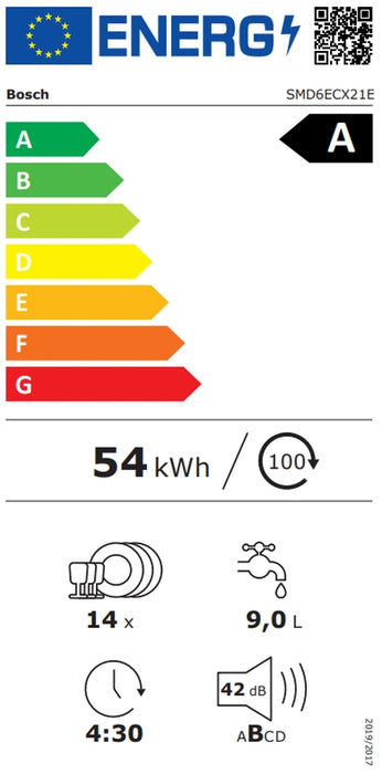 Bosch SMD6ECX21E, SER6, Съдомиялна машина с напълно вградена функция, A, EfficientDry, 9,0 л, 14 пълнежа, 7 пълнежа/5 пълнежа, 42 dB(B), Тиха работа 41 dB, 3-то чекмедже, OpenAssist, дисплей, Extra Clean Zone, TimeLight, HC