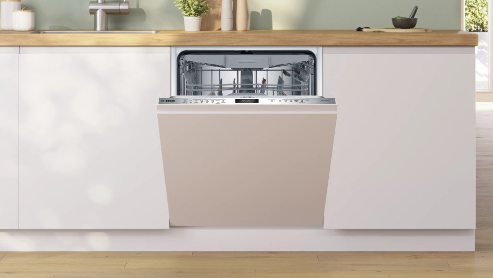 Bosch SMD6ECX21E, SER6, Съдомиялна машина с напълно вградена функция, A, EfficientDry, 9,0 л, 14 пълнежа, 7 пълнежа/5 пълнежа, 42 dB(B), Тиха работа 41 dB, 3-то чекмедже, OpenAssist, дисплей, Extra Clean Zone, TimeLight, HC
