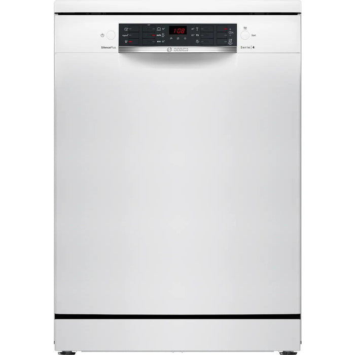 Bosch SMS46KW02E, SER4, Свободностояща съдомиялна, E, Polinox, 9,5l, 13ps, 6p/4o, 46dB(C), 3-то чекмедже, Rackmatic, бяла, без HC