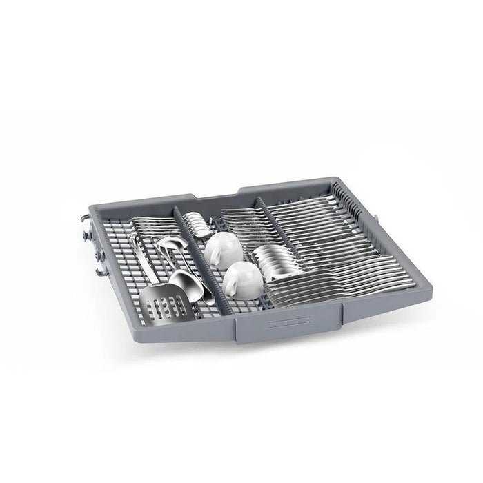 Bosch SMS46KW02E, SER4, Свободностояща съдомиялна, E, Polinox, 9,5l, 13ps, 6p/4o, 46dB(C), 3-то чекмедже, Rackmatic, бяла, без HC