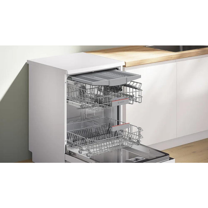 Bosch SMS46KW02E, SER4, Свободностояща съдомиялна, E, Polinox, 9,5l, 13ps, 6p/4o, 46dB(C), 3-то чекмедже, Rackmatic, бяла, без HC