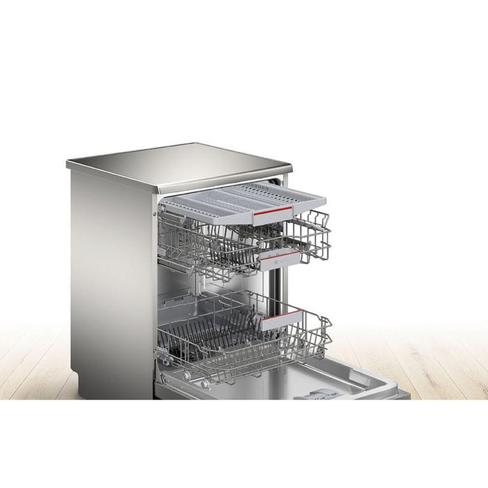 Bosch SMS4EVI08E, SER4, Свободностояща съдомиялна, B, EfficientDry, Polinox, 9,0l, 14ps, 6p/5o, 44dB(B), Silence 43dB, 3-то чекмедже, Rackmatic, inox, HC