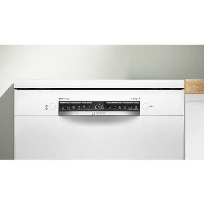 Bosch SMS4EVW08E, SER4, Свободностояща съдомиялна, B, EfficientDry, Polinox, 9,0l, 14ps, 6p/5o, 44dB(B), Silence 43dB, 3-то чекмедже, Rackmatic, бяла, HC