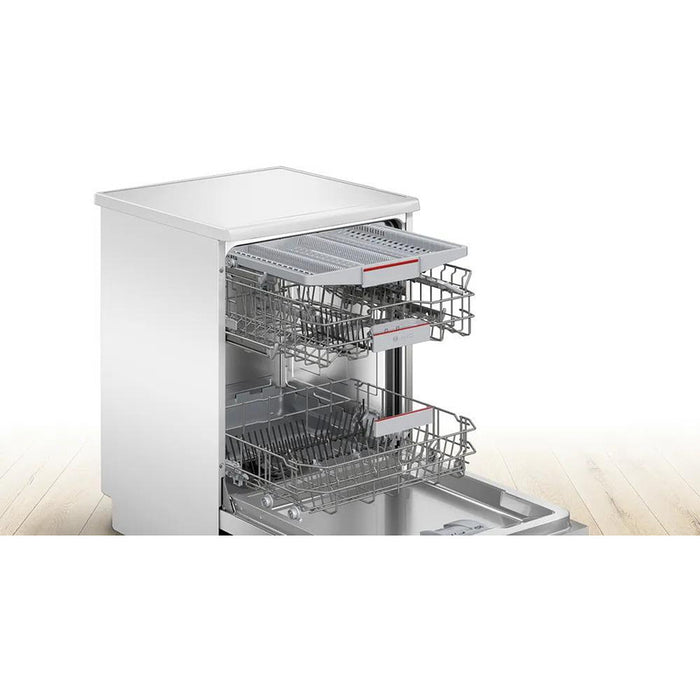 Bosch SMS4EVW08E, SER4, Свободностояща съдомиялна, B, EfficientDry, Polinox, 9,0l, 14ps, 6p/5o, 44dB(B), Silence 43dB, 3-то чекмедже, Rackmatic, бяла, HC