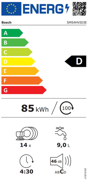 Bosch SMS4HVI03E SER4 Свободностояща съдомиялна 60cm, D, 9.0 l, 14ps, VarioDrawer, Display, Rackmatic, 46dB(C), Home Connect, Steel with fingerprint protection