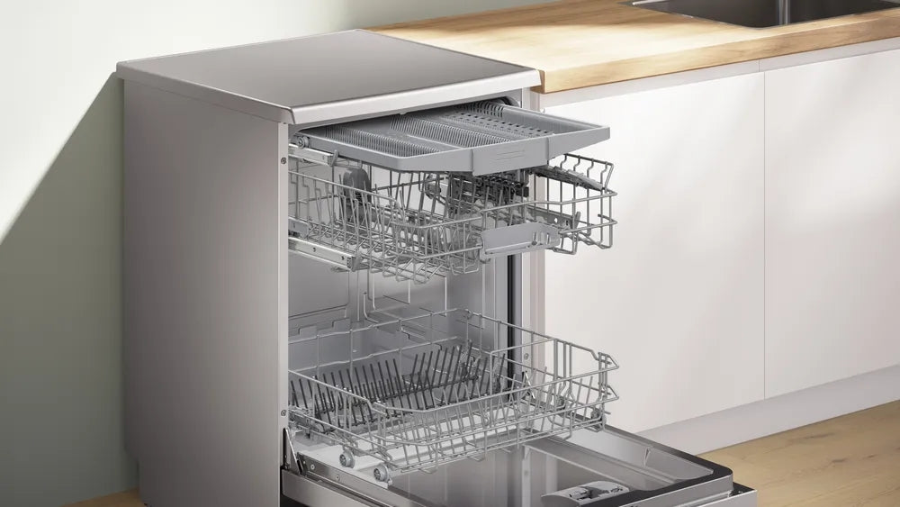 Bosch SMS4HVI21E, SER4, Свободностояща съдомиялна машина, C, Polinox, 9,0 л, 14 чекмеджета, 6 чекмеджета/5 оборота, 46 dB(C), Тишина 45 dB, 3-то чекмедже, Rackmatic, инокс, HC