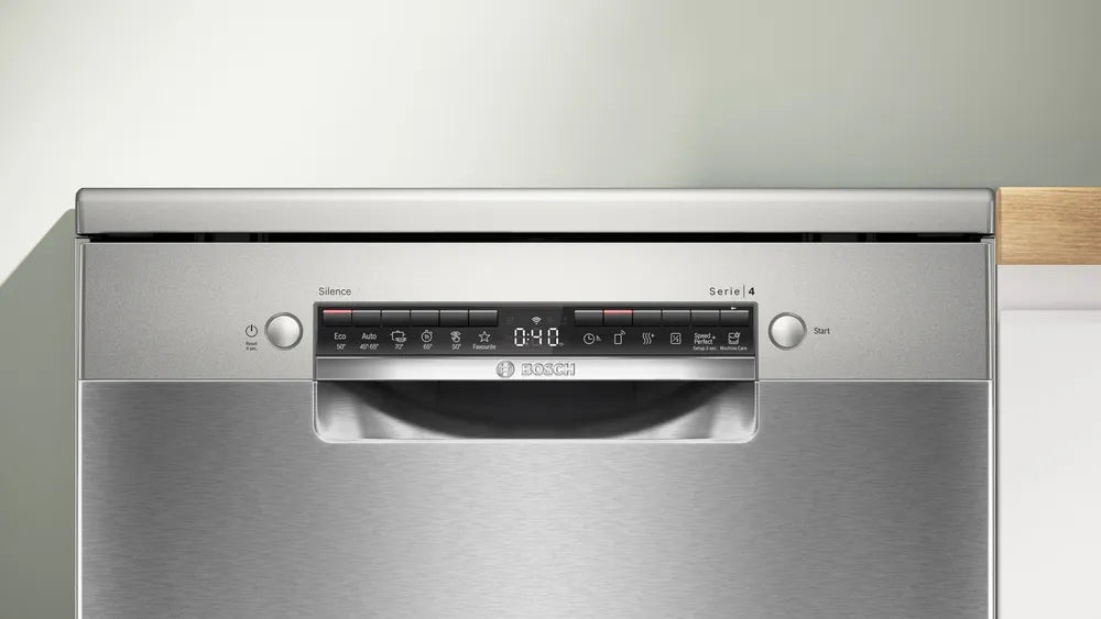 Bosch SMS4HVI21E, SER4, Свободностояща съдомиялна машина, C, Polinox, 9,0 л, 14 чекмеджета, 6 чекмеджета/5 оборота, 46 dB(C), Тишина 45 dB, 3-то чекмедже, Rackmatic, инокс, HC