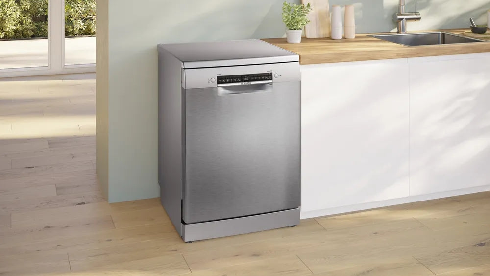 Bosch SMS4HVI21E, SER4, Свободностояща съдомиялна машина, C, Polinox, 9,0 л, 14 чекмеджета, 6 чекмеджета/5 оборота, 46 dB(C), Тишина 45 dB, 3-то чекмедже, Rackmatic, инокс, HC