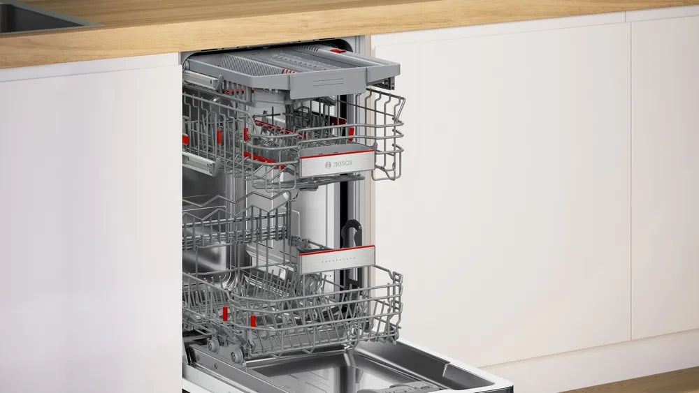 Bosch SPI6EMS21E, SER6, Вградена съдомиялна машина 45 см, B, EfficiendDry, 8,7 л, 10 чекмеджета, 8 чекмеджета/5 оборота, 44 dB(B), 3-то чекмедже, Rackmatic, HC, вътрешно осветление