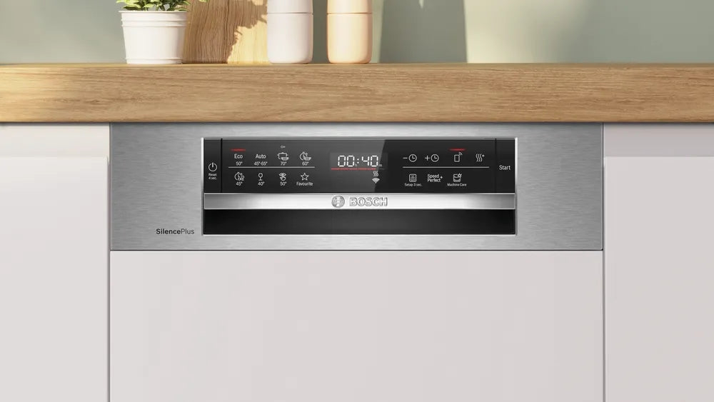 Bosch SPI6EMS21E, SER6, Вградена съдомиялна машина 45 см, B, EfficiendDry, 8,7 л, 10 чекмеджета, 8 чекмеджета/5 оборота, 44 dB(B), 3-то чекмедже, Rackmatic, HC, вътрешно осветление