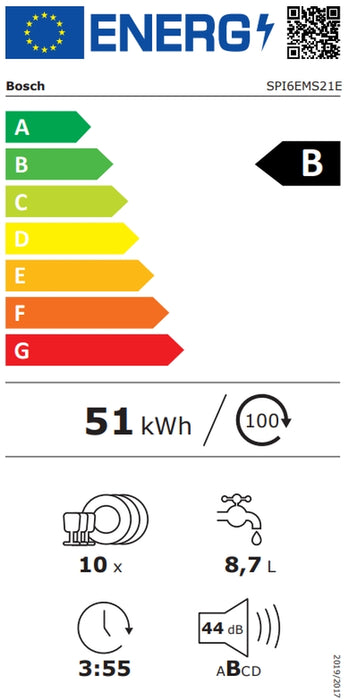 Bosch SPI6EMS21E, SER6, Вградена съдомиялна машина 45 см, B, EfficiendDry, 8,7 л, 10 чекмеджета, 8 чекмеджета/5 оборота, 44 dB(B), 3-то чекмедже, Rackmatic, HC, вътрешно осветление