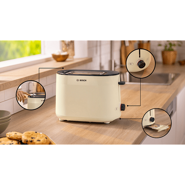 Bosch TAT2M127, Компактен тостер MyMoment, 950 W, Автоматично изключване, Настройка за размразяване и повторно затопляне, Интегрирана решетка за затопляне, Високо повдигане, Крем